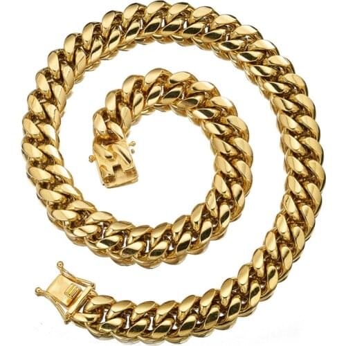 Fashion New Miami Cuban Curb Link Chain 18mm Width Stainless Steel Gold Tone Necklace Or Bracelet Bangle Dragon Lock Clasp 7-40"