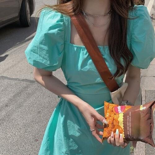 Elegant Casual Womens Dresses Party Puff Sleeve Bandage Design Kawaii Mini Dress Female Sexy One Piece Dress Korean 2021 Summer