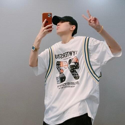 Summer Mens Short Sleeve Fake Two Piece T-Shirt Print O-neck Top Letters Pattern C5