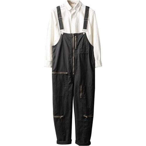 2021 Overalls Mens Bib Jumpsuits Cotton Loose Multi-Pocket Zipper Hip Hop Street Pants Male Black Green Khaki Casual Trousers