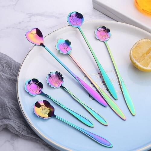 50pcs Color Tableware Flower-Shaped Coffee Spoon Long Handle Rose Stirring Small Spoon Crystal Flower Spoon Smoothie Spoon