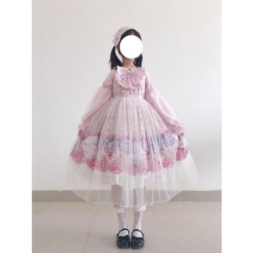 Sweet princess lolita dress vintage o-neck bowknot mesh pearl printing victorian dress kawaii girl gothic lolita op loli cosplay