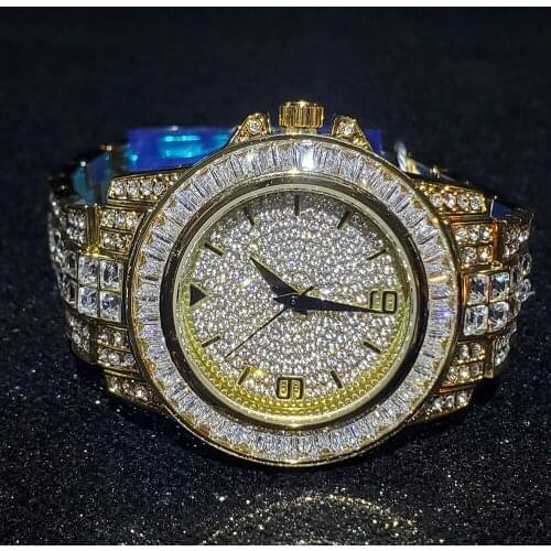 Hip Hop MISSFOX 18k Gold Mens Watches Quartz Watches Iced Out Baguette Cubic Zirconia Steel Gentleman Watches AAA Golden Clock