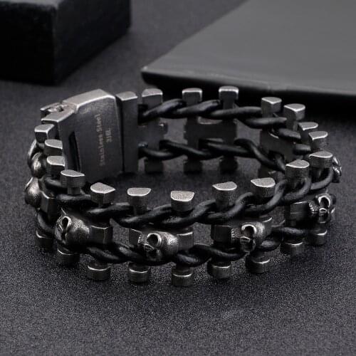 Braided Leather & Stainless Steel Skull Bracelet For Men Punk Bracelet Fashion Male Jewelry