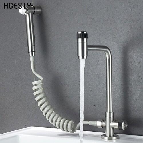 Stainless Steel Kitchen Faucet Set 360 Degree Rotation Basin Sink Tap with Bidet Sprayer Nozzle Single Cold Water Tap Deck Mount