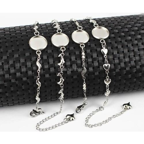 Stainless Steel Link Chain Bracelet Settings with 12mm - 20mm Round Smooth Bezel Resin Cabochons Bases Bracelet DIY Finding