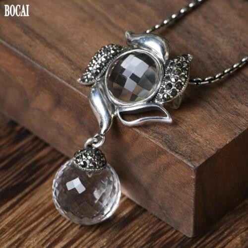 BOCAI New Real S925 Silver Jewelry Retro 2021 Fashion Faceted Crystal Round Beads Maxi Stone Necklace Pendant for Women