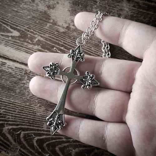 New Fashion Large Engraved Cross Necklace, Retro Gothic Cross Pendant Necklace Devil Lucifer Satan Satan Jewelry