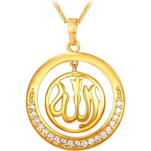 Collare Allah Necklaces Women Gold/Silver Color Islam Jewelry Zirconia Crystal Muslim Islamic Round Pendants Womens P918