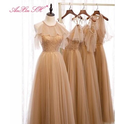 AXJFU princess lace flower Bridesmaid Dress vintage party dress fashion o neck ruffles beading crystal long Bridesmaid Dress
