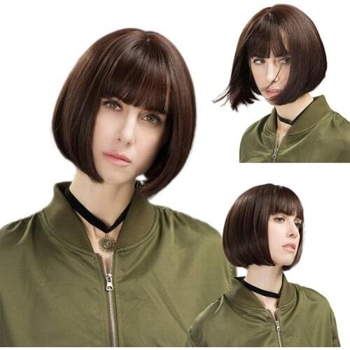 Straight black Synthetic Wig with Bangs Womens Short Length Hair Bob Wig Heat Resistant Bobo Hairstyle Daily Wig 9 colors