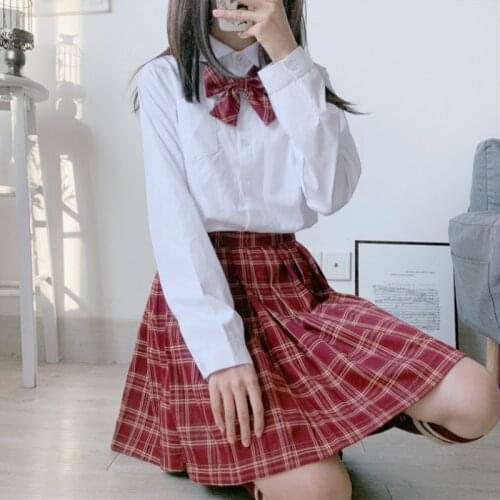 Japanese JK Students High-Waisted Vintage Red Plaid Pleated A- line Skirt Skirt Female school girl uniform college school skirt