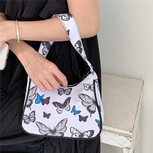 Korean Fashion Spring Women Small Zipper Half Moon Handbag Butterfly Graffiti Print Natural PVC Underarm Purse