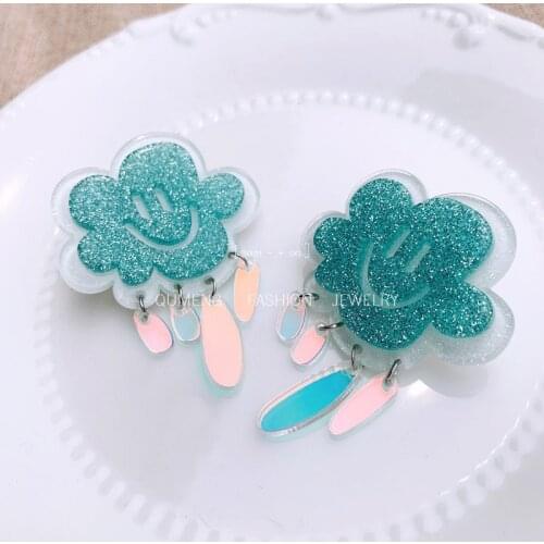 2021 Mint Green Acrylic Smiley Acrylic Earrings Shiny Glitter Powder Cloud Drop Tassel Earrings for Women Fashion Jewelry Gifts