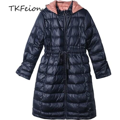 Womens Long Jackets Hooded Winter Coat Warm White Duck Down Filler Fashion Ladies Loose Jacket Autumn Clothes Navy Color Lace Up