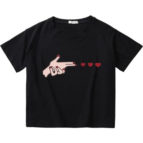 Love Heart Shotting Printed Women Summer Crop Tees Breathable Cotton Top Girl O-Neck T-Shirt Kids Short Sleeve Casual Short Tops