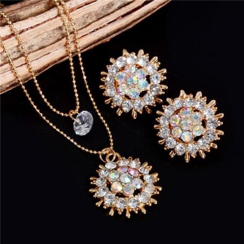 Fashion Crystal Jewelry Sets Women Stone Cubic Zirconia Flower Multilayer Chain Necklace Earrings Ladies Wedding Jewelry Set