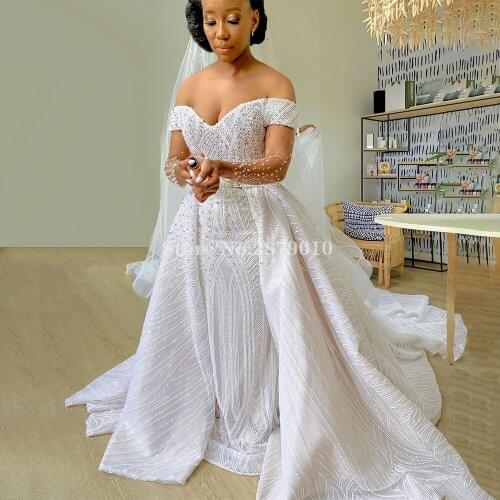 Turkish Mariage Wedding Dresses Mermaid Beaded Sequins Off The Shoulder Floor-Length Women Dress Wedding Dress Bridal Gown Dubai