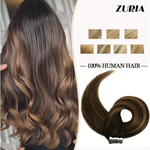 ZURIA Mini Tape in Human Hair Extensions Straight Skin Weft Real Natural Glue Hair Non-Remy 12" -20" 20pcs 100% Real Hair