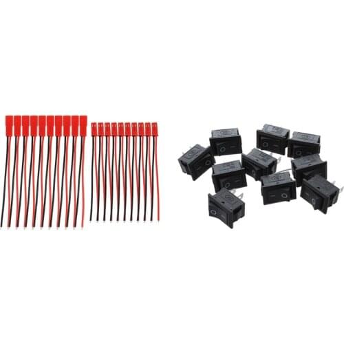 10 Pcs SPST Mini Black 2 Pin Rocker Switch AC 125V 10A 250V 6A with 10 Pairs 2 Pin JST Plug Socket Connector