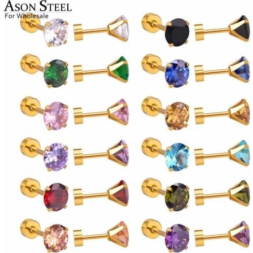 ASONSTEEL Round Cubic Zirconia High Quality Stud Earrings for Women and Girl Fashion Jewelry Wholesale Gold Stainless Steel