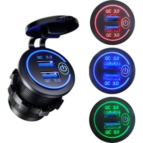 Dual QC3.0 USB Car Charger Socket Fast Charging Power Outlet Adapter Touch Switch Waterproof for Motorcycle Truck RV Boat