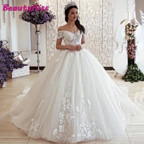 Princess Ball Gown Wedding Dresses 2020 Saudi Arabic Off The Shoulder Lace Applique Bridal Gowns Plus Size Vestido De Noiva