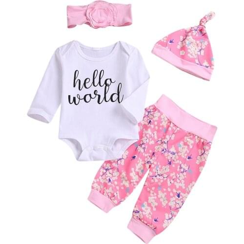 Newborn Kid Baby Girl Letter Print Bodysuit Long Sleeve Jumpsuit+Floral Pant+Headband+Hat 4pcs Bebe Clothes Set