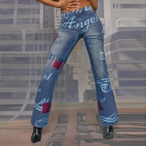Low Rise Boyfriend Pants Women Long Denim Trousers Female Vintage Jaded Y2K London Wide Leg Letter Print Angel Distressed Jeans