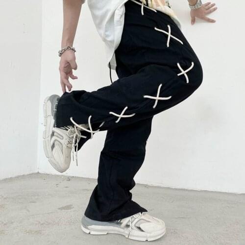 Summer Thin Trousers Womens & Mens Hip Hop Clothing Cross-Tied Loose Straight Casual Trousers Black High Street Wide Leg Pants