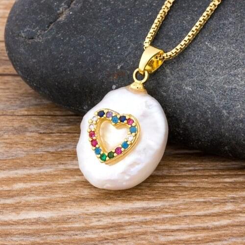 Fashion Colorful CZ Paved Tiny Heart Charm Freshwater Pearl Coin Gold Chain Chic Pendant Choker Necklace For Women Jewelry