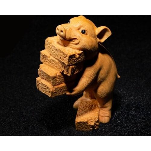 9cm Small Diligent Pig Wood Statue Animal Statue Boxwood Home Decoration Fortune Feng Shui Boat Decors