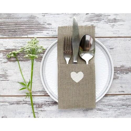 Heart Rustic wedding silverware burlap cutlery holders pocket Engagement Anniversary Christmas banquet party table decorations