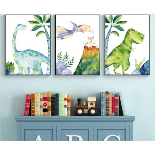 Dinosaur Cartoon Watercolor Painting Boys Nursery Wall Art Decorative Pictures Trex Diplodocus Pterodactyl Posters and Prints