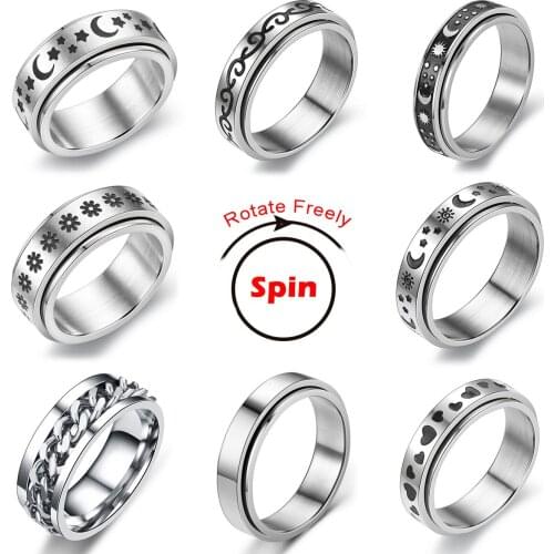 Stainless Steel Anxiety Ring For Women Moon Star Chain Spinner Fidgets Ring Rotate Freely Spinning Anti Stress Men 2021 Rotating