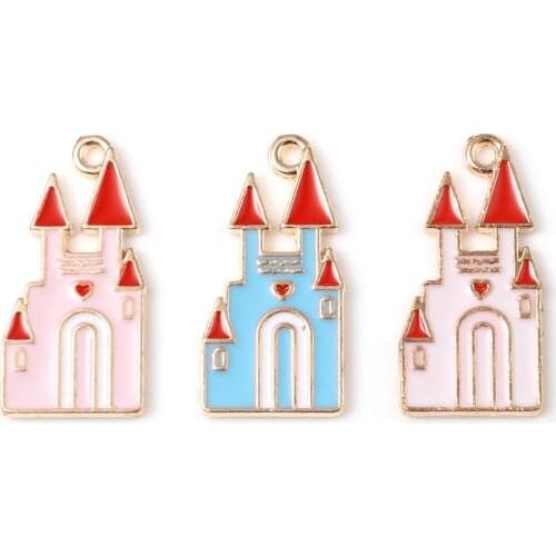 10 PCs Fairy Tale Collection Charms Pendant For Jewelry Making Blue Pink White Castle Enamel Pendant Necklace DIY 24mm x 12mm