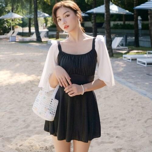 Swimming Suit For Women One Piece Swimwear Plus Size Korean Sweet Swimsuit Dress 1 Piece Sexy Mayo Cover White Sleeve Back Solid