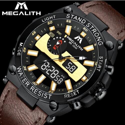 MEGALITH Top Luxury Brand Watch Men Multifunction Leather LED Dual Display Quartz Watch Waterproof Big Dial Sport Watches Men