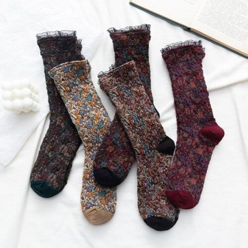 Korean Style Fashion Harajuku Retro Women Socks Floral Embroidery Casual Crew Socks Japanese Style Lacework Frilly Ruffle Socks