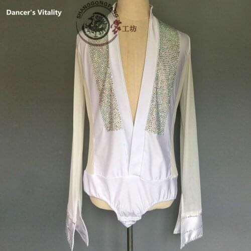 Male Latin Dance Shirt Dance Performance Adult Diamond Long-Sleeve Training Clothes Men Rumba Cha-Cha Ballroom Tops 1pcs S-XXXL
