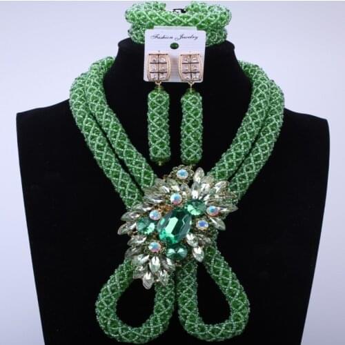 2018 New Green African Beads Crystal Jewelry Set Dubai Arabic Wedding Statement Necklace Set Geometric Gold Free Shipping