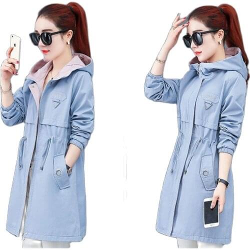 New 202LLadies Jacket Windbreaker Spring Autumn Mid-Long Womens Jacket With Pocket Zipper Casual Hooded Ladies Outerwear