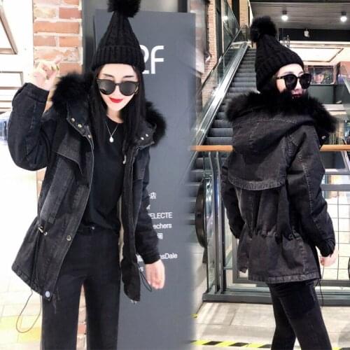 2019 New Hooded Black Denim Jacket Winter Women Fur Collar Korean Thick Jeans jaqueta feminina Slim Overcome Long Coats Female
