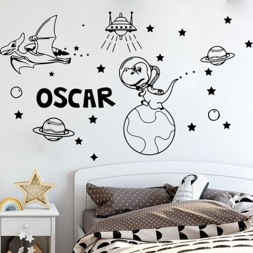 Personalized Name Dinosaur Space Astronomy Wall Sticker Kids Room Dinosaur Spaceship Planets Meteorite Stars Moon Wall Decal
