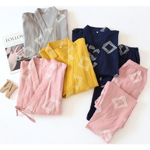 Spring Autumn Couple Pajamas for Women Cotton Geometric Printed Sleepwear Set Yukata Japanese Traditional Tops and Trousers Suit