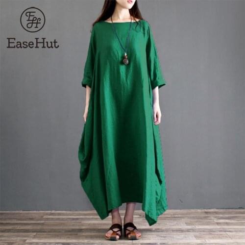EaseHut Ethnic Women Dress Solid Cotton Pocket Round Neck 3/4 Sleeve Loose Baggy Vintage Maxi Gown Robe One-Piece Plus Size