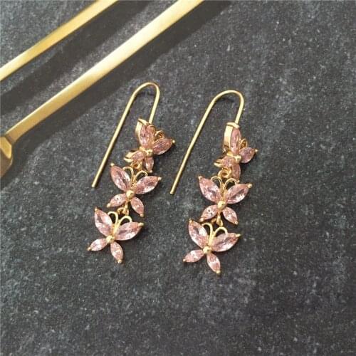 Luxury Shiny Gold Color Clear Pink Cubic Zirconia Butterfly Linked Drop Earrings For Women Girl Gorgeous Bling Party Jewelry