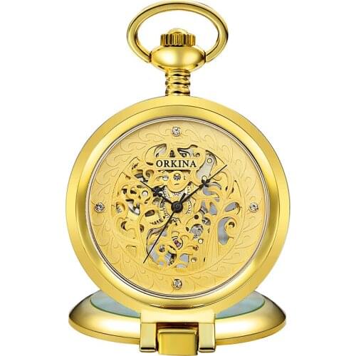 Luxury Gold Color Mechanical Pocket Watch for Men Women Steampunk Skeleton Hollow Fob Chain Pendant Golden Roman montre de poche