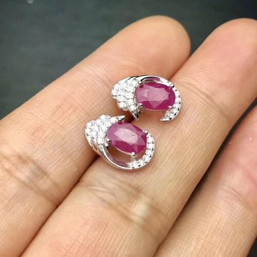 Natural ruby stud earring Free shipping Original real ruby 925 sterling silver 5*7mm*2pcs gemstone For men or women