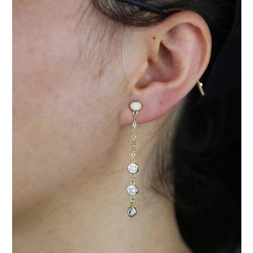 Hot Fashion Bezel Cubic Zirconia Opal Stone Paved Long Chain Tassel CZ Round Charm Elegant Stunning Girl Women Opal Earring